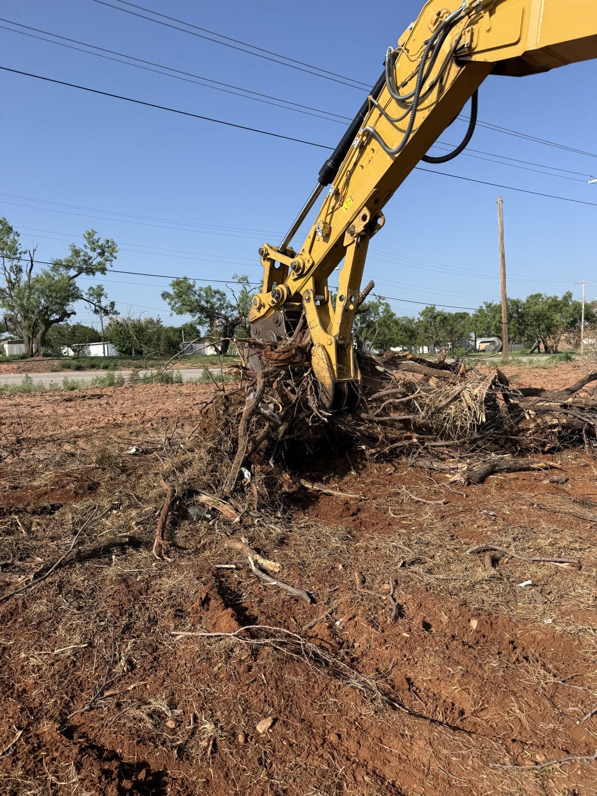 Excavator removing a root ball during land clearing